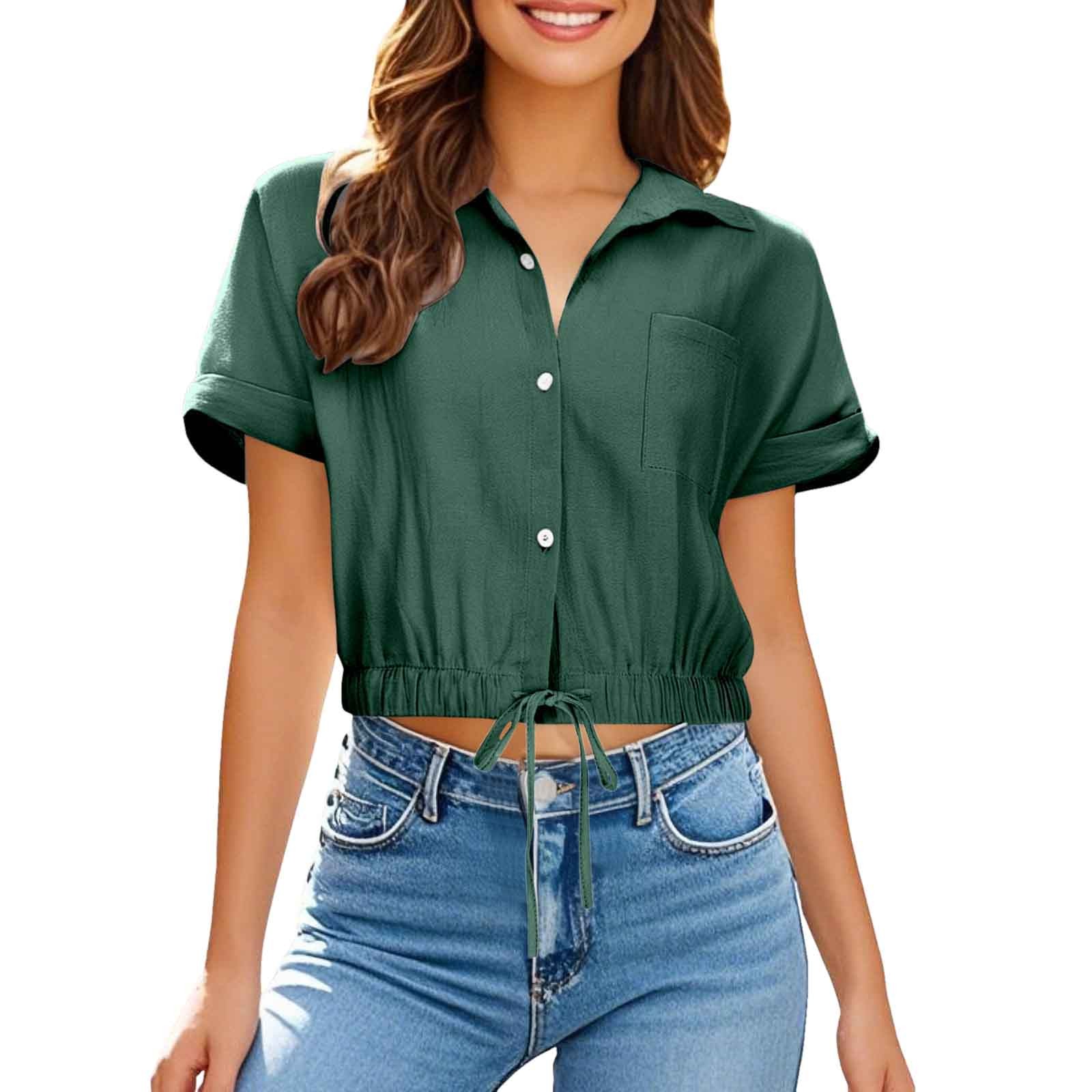 thumbnail image 1 of Camisa de manga corta con solapa y botones para mujer, top de playa con bolsillo, poliéster ligero, versátil para ocasiones informales y al aire libre, 1 of 4